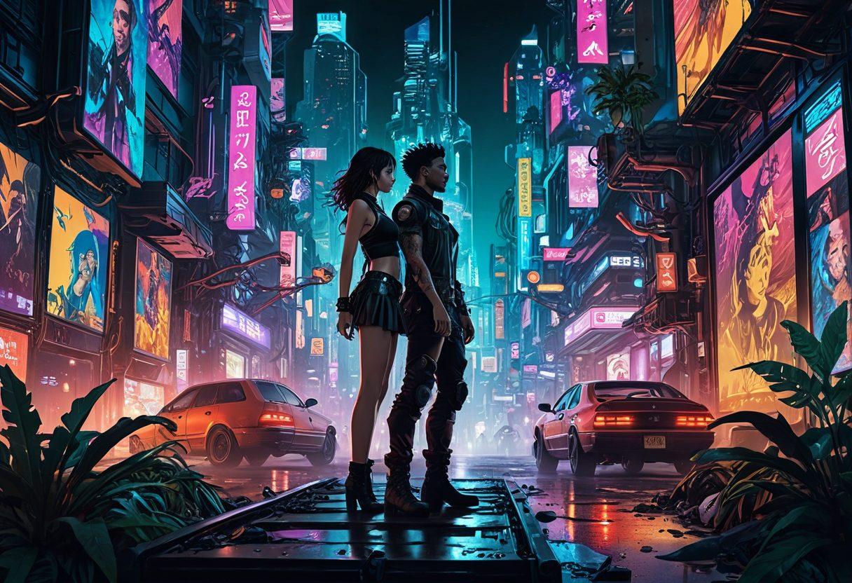 A visually striking collage of graphic novel and erotic literature elements, showcasing a variety of characters in dynamic poses, each representing different themes of adventure and intimacy. Include vibrant colors and intricate details that capture the essence of Hentai, with a backdrop displaying a whimsical fantasy landscape intertwined with urban settings. The overall composition should convey a sense of exploration and sensuality. cyberpunk. vibrant colors. super-realistic.